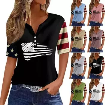 Жен. Футболка Футболка С принтом Пуговицы С короткими рукавами Повседневные Выходные Мода Классический V-образный вырез Обычный Верх L чёрный