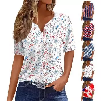 Жен. Футболка Футболка С принтом Пуговицы С короткими рукавами Повседневные Выходные Мода Классический V-образный вырез Обычный Верх L бежевый
