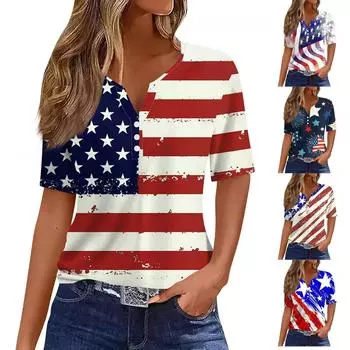 Жен. Футболка Футболка С принтом Пуговицы С короткими рукавами Повседневные Выходные Мода Классический V-образный вырез Обычный Верх S красный