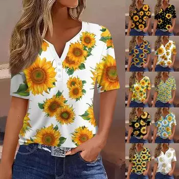 Жен. Футболка Футболка С принтом Пуговицы С короткими рукавами Повседневные Выходные Мода Классический V-образный вырез Обычный Топ Лето L чёрный