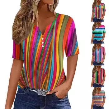 Жен. Футболка Футболка С принтом Пуговицы С короткими рукавами Повседневные Выходные Мода Классический V-образный вырез Обычный Верх M зелёный