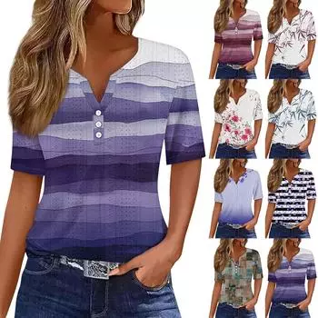 Жен. Футболка Футболка С принтом Пуговицы С короткими рукавами Повседневные Выходные Мода Классический V-образный вырез Обычный Верх L синий