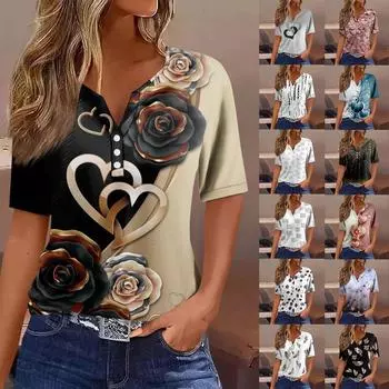 Жен. Футболка Футболка С принтом Пуговицы С короткими рукавами Повседневные Выходные Мода Классический V-образный вырез Обычный Верх L чёрный
