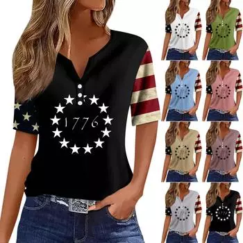 Жен. Футболка Футболка С принтом Пуговицы С короткими рукавами Повседневные Выходные Мода Классический V-образный вырез Обычный Верх XXL синий