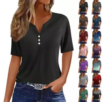 Жен. Футболка Футболка С принтом Пуговицы С короткими рукавами Повседневные Выходные Мода Классический V-образный вырез Обычный Верх L чёрный