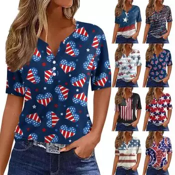 Жен. Футболка Футболка С принтом Пуговицы С короткими рукавами Повседневные Выходные Мода Классический V-образный вырез Обычный Верх L бежевый