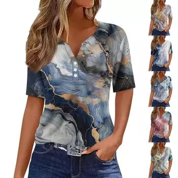 Жен. Футболка Футболка С принтом Пуговицы С короткими рукавами Повседневные Выходные Мода Классический V-образный вырез Обычный Верх L серый