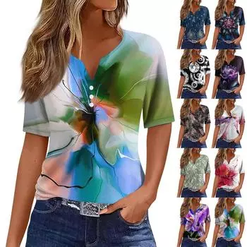 Жен. Футболка Футболка С принтом Пуговицы С короткими рукавами Повседневные Выходные Мода Классический V-образный вырез Обычный Верх XXL фиолетовый