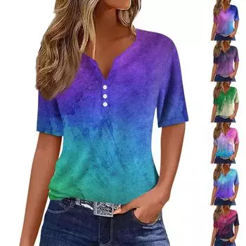 Жен. Футболка Футболка С принтом Пуговицы С короткими рукавами Повседневные Выходные Мода Классический V-образный вырез Обычный Верх S