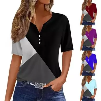 Жен. Футболка Футболка С принтом Пуговицы С короткими рукавами Повседневные Выходные Мода Классический V-образный вырез Обычный Верх XXL