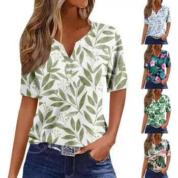 Жен. Футболка Футболка С принтом Пуговицы С короткими рукавами Повседневные Выходные Мода Классический V-образный вырез Обычный Верх XL