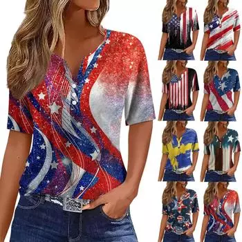 Жен. Футболка Футболка С принтом Пуговицы С короткими рукавами Повседневные Выходные Мода Классический V-образный вырез Обычный Верх L