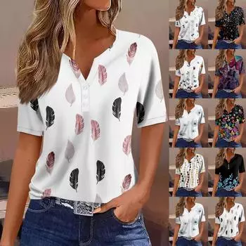 Жен. Футболка Футболка С принтом Пуговицы С короткими рукавами Повседневные Выходные Мода Классический V-образный вырез Обычный Верх L