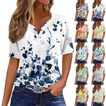 Жен. Футболка Футболка С принтом Пуговицы С короткими рукавами Повседневные Выходные Мода Классический V-образный вырез Обычный Верх XXL