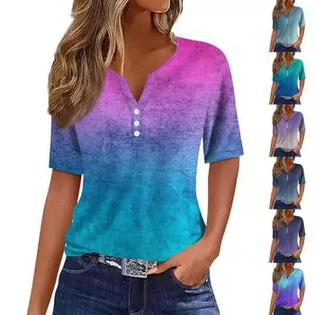 Жен. Футболка Футболка С принтом Пуговицы С короткими рукавами Повседневные Выходные Мода Классический V-образный вырез Обычный Верх L фиолетовый