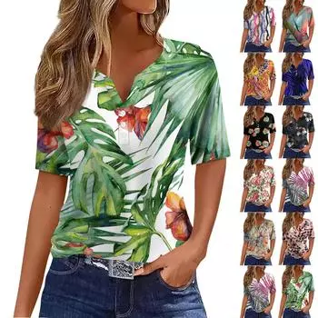 Жен. Футболка Футболка С принтом Пуговицы С короткими рукавами Повседневные Выходные Мода Классический V-образный вырез Обычный Верх M розовый