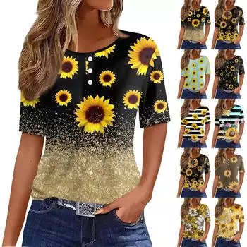 Жен. Футболка Футболка с принтом Пуговицы С короткими рукавами Повседневные Выходные Мода Классический Круглый вырез Обычный Топ L чёрный