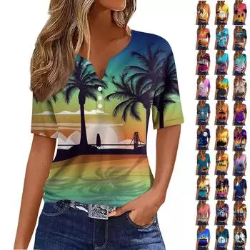 Жен. Футболка Футболка С принтом Пуговицы С короткими рукавами Повседневные Выходные Мода Классический V-образный вырез Обычный Верх L синий