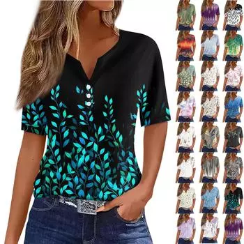 Жен. Футболка Футболка С принтом Пуговицы С короткими рукавами Повседневные Выходные Мода Классический V-образный вырез Обычный Верх XXL