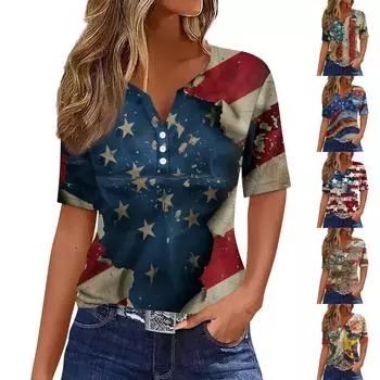 Жен. Футболка Футболка С принтом Пуговицы С короткими рукавами Повседневные Выходные Мода Классический V-образный вырез Обычный Верх XXL