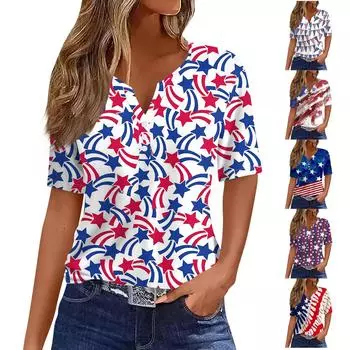 Жен. Футболка Футболка С принтом Пуговицы С короткими рукавами Повседневные Выходные Мода Классический V-образный вырез Обычный Верх L бежевый