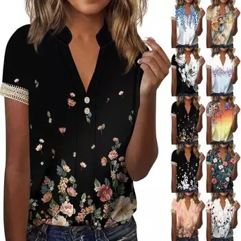 Жен. Футболка Футболка С принтом Пуговицы С короткими рукавами Повседневные Выходные Мода Классический V-образный вырез Обычный Верх XXL хаки