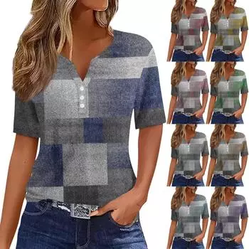 Жен. Футболка Футболка С принтом Пуговицы С короткими рукавами Повседневные Выходные Мода Классический V-образный вырез Обычный Верх L