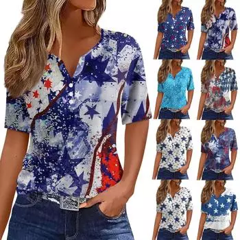 Жен. Футболка Футболка С принтом Пуговицы С короткими рукавами Повседневные Выходные Мода Классический V-образный вырез Обычный Верх L