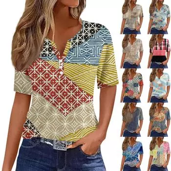 Жен. Футболка Футболка С принтом Пуговицы С короткими рукавами Повседневные Выходные Мода Классический V-образный вырез Обычный Верх L синий