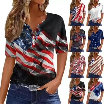 Жен. Футболка Футболка С принтом Пуговицы С короткими рукавами Повседневные Выходные Мода Классический V-образный вырез Обычный Верх M красный