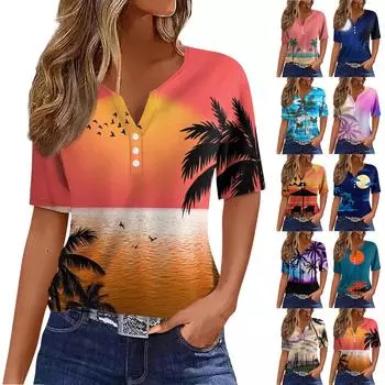 Жен. Футболка Футболка С принтом Пуговицы С короткими рукавами Повседневные Выходные Мода Классический V-образный вырез Обычный Верх L бежевый