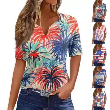 Жен. Футболка Футболка С принтом Пуговицы С короткими рукавами Повседневные Выходные Мода Классический V-образный вырез Обычный Верх L синий