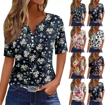 Жен. Футболка Футболка С принтом Пуговицы С короткими рукавами Повседневные Выходные Мода Классический V-образный вырез Обычный Верх S чёрный