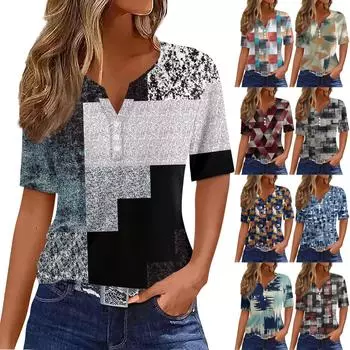 Жен. Футболка Футболка С принтом Пуговицы С короткими рукавами Повседневные Выходные Мода Классический V-образный вырез Обычный Верх XXL