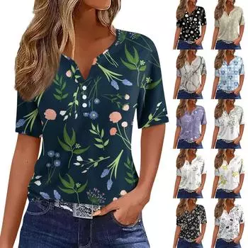 Жен. Футболка Футболка С принтом Пуговицы С короткими рукавами Повседневные Выходные Мода Классический V-образный вырез Обычный Верх XXXL