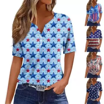 Жен. Футболка Футболка С принтом Пуговицы С короткими рукавами Повседневные Выходные Мода Классический V-образный вырез Обычный Верх S