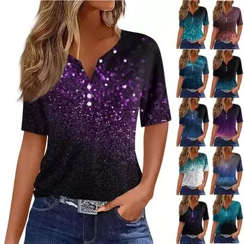 Жен. Футболка Футболка С принтом Пуговицы С короткими рукавами Повседневные Выходные Мода Классический V-образный вырез Обычный Верх XL