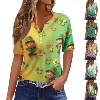 Жен. Футболка Футболка С принтом Пуговицы С короткими рукавами Повседневные Выходные Мода Классический V-образный вырез Обычный Верх XXL