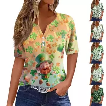Жен. Футболка Футболка С принтом Пуговицы С короткими рукавами Повседневные Выходные Мода Классический V-образный вырез Обычный Верх S