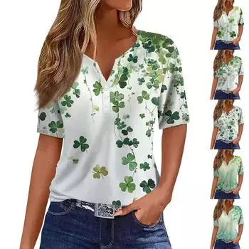 Жен. Футболка Футболка С принтом Пуговицы С короткими рукавами Повседневные Выходные Мода Классический V-образный вырез Обычный Верх XL