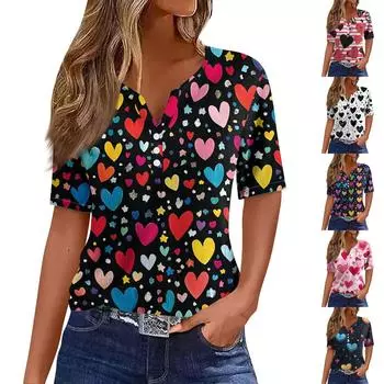 Жен. Футболка Футболка С принтом Пуговицы С короткими рукавами Повседневные Выходные Мода Классический V-образный вырез Обычный Верх XXXL чёрный