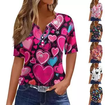 Жен. Футболка Футболка С принтом Пуговицы С короткими рукавами Повседневные Выходные Мода Классический V-образный вырез Обычный Верх L розовый