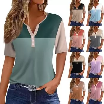 Жен. Футболка Футболка С принтом Пуговицы С короткими рукавами Повседневные Выходные Мода Классический V-образный вырез Обычный Топ Лето L чёрный