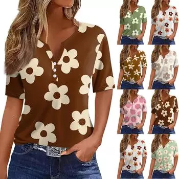 Жен. Футболка Футболка С принтом Пуговицы С короткими рукавами Повседневные Выходные Мода Классический V-образный вырез Обычный Топ Лето L бежевый