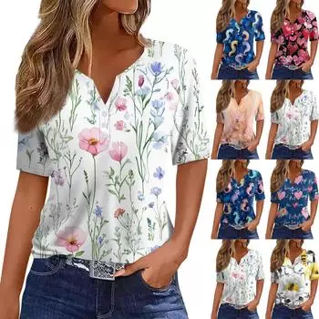 Жен. Футболка Футболка С принтом Пуговицы С короткими рукавами Повседневные Выходные Мода Классический V-образный вырез Обычный Верх L синий