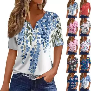 Жен. Футболка Футболка С принтом Пуговицы С короткими рукавами Повседневные Выходные Мода Классический V-образный вырез Обычный Верх L синий