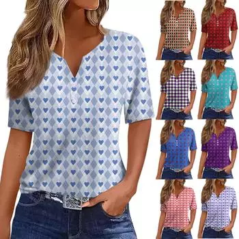 Жен. Футболка Футболка С принтом Пуговицы С короткими рукавами Повседневные Выходные Мода Классический V-образный вырез Обычный Топ Лето M фиолетовый