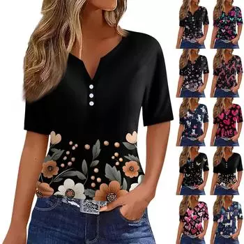 Жен. Футболка Футболка С принтом Пуговицы С короткими рукавами Повседневные Выходные Мода Классический V-образный вырез Обычный Верх XXXL