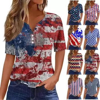 Жен. Футболка Футболка С принтом Пуговицы С короткими рукавами Повседневные Выходные Мода Классический V-образный вырез Обычный Верх XXL