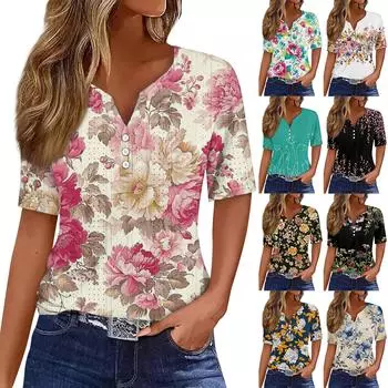 Жен. Футболка Футболка С принтом Пуговицы С короткими рукавами Повседневные Выходные Мода Классический V-образный вырез Обычный Верх XXXXXL